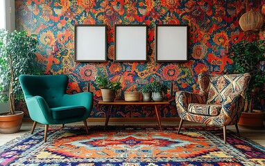 Bohemian living room interior design with colorful rug, chairs, and patterned wallpaper