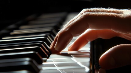 fingers moving with precision over piano keys, the dynamic interplay of shadows and highlights bringing the performance to life