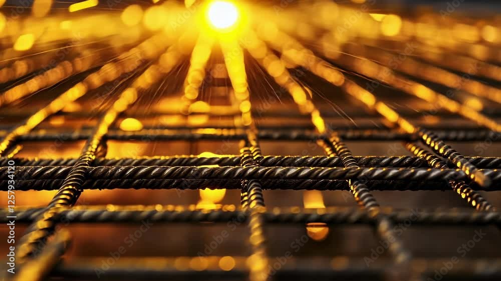 Poster steel rebar grid glowing in warm sunset light, creating a beautiful abstract pattern with potential 