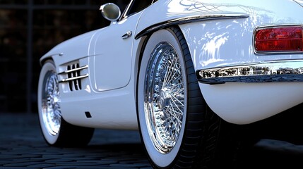 Classic white roadster, parked, cobblestone background, luxury car showcase