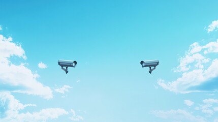 Double security cameras on blue sky background