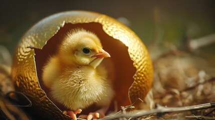 A cute, newborn chick inside a broken golden egg.