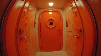 Obraz premium Vibrant orange door with number 40, situated in a narrow hallway with warm lighting, creating a modern and unique atmosphere.