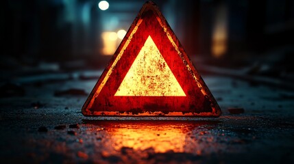 Glowing Red Warning Triangle Darkly Lit Urban Scene. AI Generated