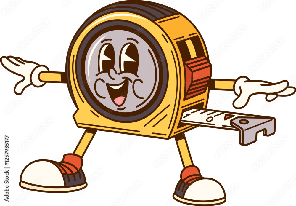 Poster groovy tape measure cartoon character for repair, construction and diy tool, vector funny face. groo