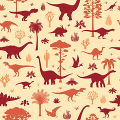 Dinosaur characters seamless pattern. Textile or fabric vector seamless pattern with allosaurus, brachiosaurus, paralititan and anchisaurus, camptosaurus, styracosaurus dinosaurs silhouettes