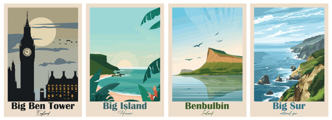 Benbulben, Ireland, Big Ben Tower, England, Big Island Hawaii, big sur national park california - Set of 4 Vintage Travel Posters. Vector illustration. Art, High Quality Prints