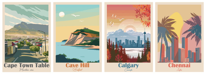 Fototapeta premium Canada Calgary, Cape Town Table, Mountain, Cave Hill, Belfast, Chennai, India - Set of 4 Vintage Travel Posters. Vector illustration. Art, High Quality Prints