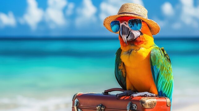parrot on the background of the sea with a suitcase. Selective focus