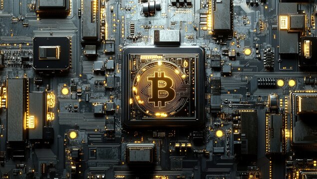 Cryptocurrency Mining: Digital Currency Processes on Advanced Circuit Boards Illuminating Technological Advancement - Powered by Adobe