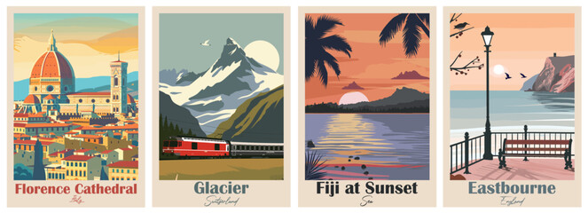 Eastbourne, England, Fiji at Sunset, Florence Cathedral, Italy, Glacier Express Switzerland - Set of 4 Vintage Travel Posters. Vector illustration. Art, High Quality Prints