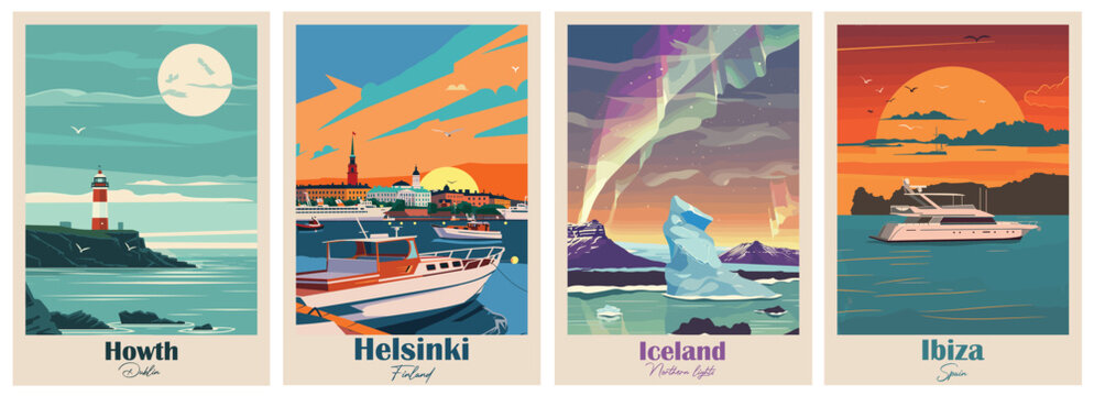 Helsinki, Finland,  Howth Dublin, Ibiza, Spain, Iceland, Northern lights - Set of 4 Vintage Travel Posters. Vector illustration. Art, High Quality Prints