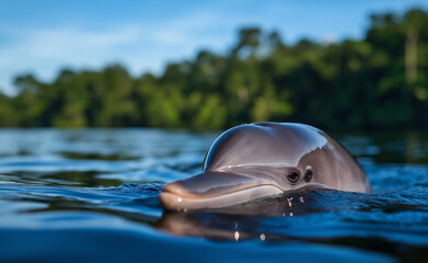Fototapeta premium Amazon River Dolphin in Water: A rare Amazon river dolphin emerging from the calm waters, surrounded by lush green rainforest in the background.