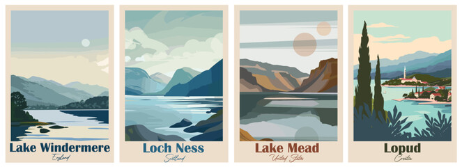 Lake Mead, United States, Lake Windermere, England, Loch Ness, Scotland, Lopud, Croatia - Set of 4 Vintage Travel Posters. Vector illustration. Art, High Quality Prints