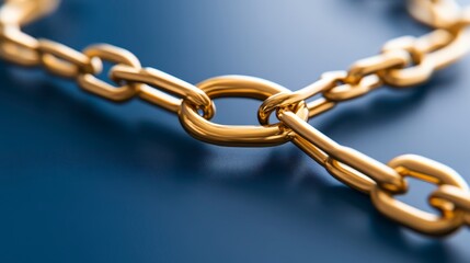 Obraz premium Close up view of interlocking gold chains on a dark blue surface, featuring intricate links and a focus on the connection points. The image has a