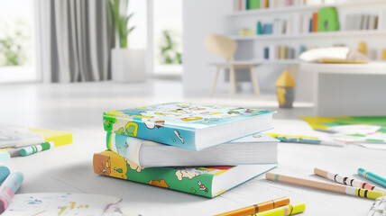 Stack of playful children's books in bright and cozy room