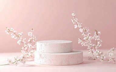 White stone pedestals on a pastel pink background with flowers for product presentation, cosmetic and beauty products display, mock-up 