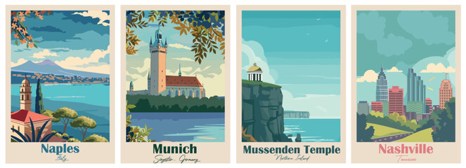 Set of 4 Vintage Travel Posters – Munich, Naples, Nashville, Mussenden Temple