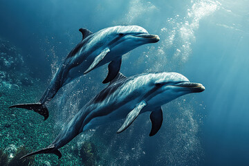 Naklejka premium Two dolphins swimming in the ocean. The water is clear and blue. The dolphins are close to each other