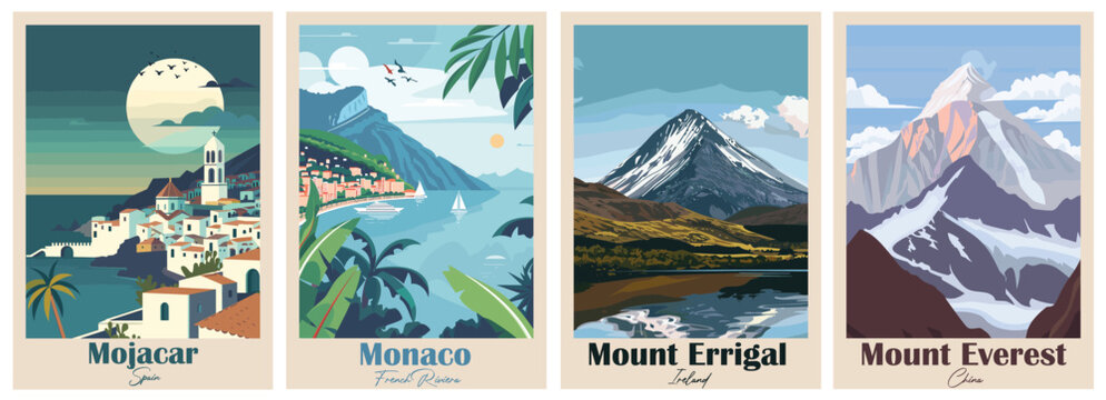 Set of 4 Vintage Travel Posters &ndash; Mojacar, Monaco, Mount Errigal, Mount Everest