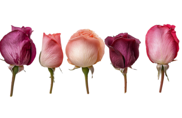 Five Stunning Roses in Various Stages of Bloom with Vibrant Colors transparent background
