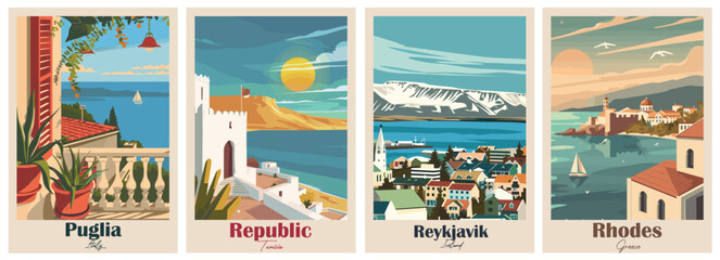 Set of 4 Vintage Travel Posters – Puglia, Tunisia, Rhodes, Rock of Cashel