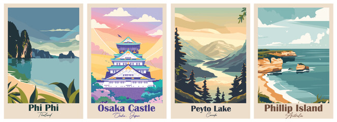 Set of 4 Vintage Travel Posters – Osaka Castle, Peyto Lake, Phi Phi, Phillip Island