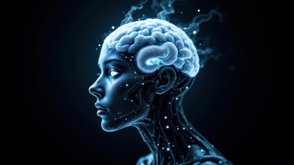 Obraz premium An artistic representation of artificial intelligence featuring a human-like head with robotic features and glowing brain imagery.