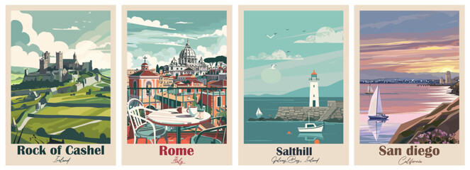 Set of 4 Vintage Travel Posters – Rock of Cashel, Rome, Salthill, San Diego