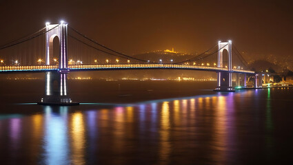Obraz premium night-time view of Istanbul's Bosphorus Bridge lit up with vibrant colors and reflections on the water, the city lights shining in the distance