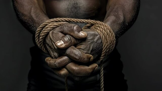 Black slave's hands tied with rope close-up. Concept of slavery, lack of freedom. Prisoner in shackles black background. African American man struggle. Fighting slavery, racism, oppression of blacks.