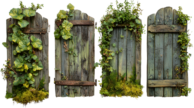 Rustic Wooden Doors Covered with Green Plants and Mosses transparent background