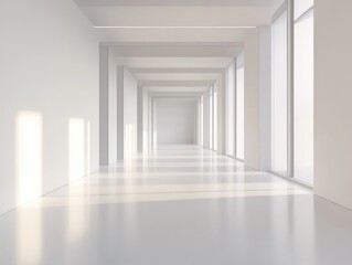 Bright Minimalist Hallway with Large Windows and Natural Light. Spacious modern hallway with white walls, large windows, and soft natural light creating a peaceful, minimalist atmosphere.