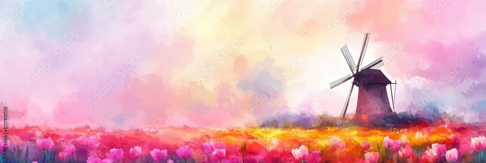 Aufkleber colorful watercolor illustration of vibrant tulip fields with a windmill in the background during sp