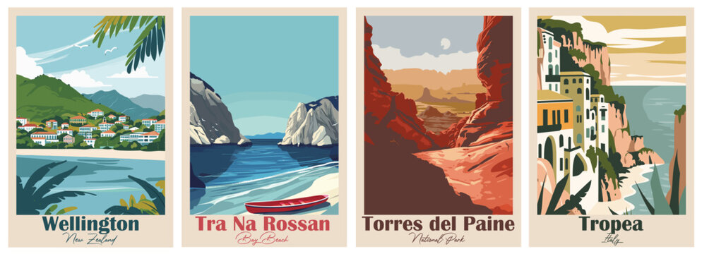 Set of 4 Vintage Travel Posters &ndash; Tra Na Rossan Bay, Tropea, Valley of Fire, Wellington