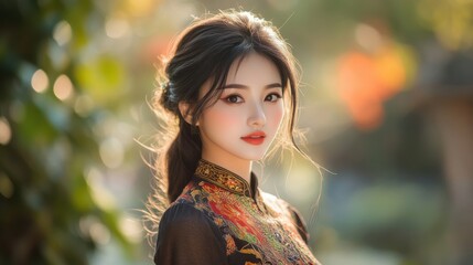 Naklejka premium beautiful asian woman in traditional dress