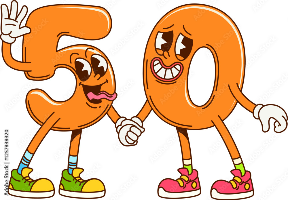 Aufkleber groovy fifty math number characters. kids education number retro happy mascot. mathematics digit 60s