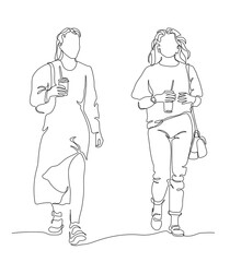 2 women with drink walking. Continuous line drawing. Black and white vector in line art style.
