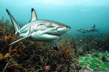 Fototapeta premium Shark is swimming in the ocean with a green plant in the background. The shark is the main focus of the image, and the plant adds a sense of depth and contrast to the scene