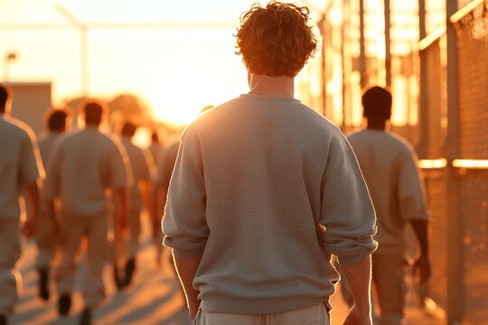 A young man in light-blue prison uniform walks away from the camera at sunset,  surrounded by other inmates