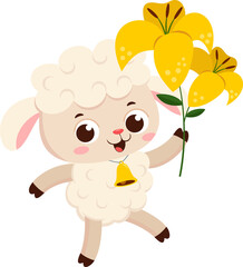 Cute Little Sheep Cartoon Character Walking And Holding A Flower.  Illustration Flat Design Isolated On Transparent Background
