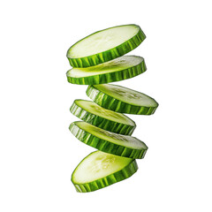 Sliced cucumber pieces floating on a white isolated background.