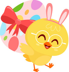 Fototapeta premium Cute Yellow Chick Cartoon Character Carrying Easter Egg. Illustration Flat Design Isolated On Transparent Background