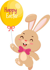 Cute Bunny Rabbit Cartoon Character Running With Balloon And Text Happy Easter