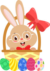 Obraz premium Cute Bunny Rabbit Cartoon Character In The Easter Basket With Eggs