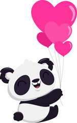 Obraz premium Cute Valentine Panda Bear Cartoon Character Holding Hearts Balloons. Illustration Flat Design Isolated On Transparent Background