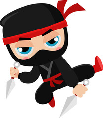 Cute Ninja Boy Warrior Cartoon Character Jumping With Two Kunai Throwing Knives © HitToon.com