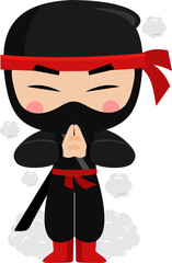Cute Ninja Boy Warrior Cartoon Character Uses The Technique Of Emitting Smoke © HitToon.com