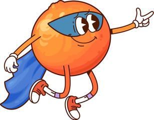 Cartoon groovy orange fruit superhero character. Vector funny citrus y2k personage flying in cape, sneakers and mask with raised arm. Fairytale healthy food, smiling tropical plant retro defender