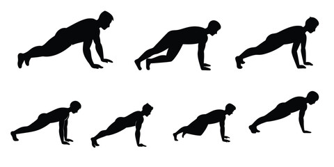Plank exercise man black silhouette with white background